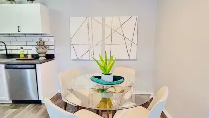 Glass dining table with white chairs and a modern plant centerpiece in a light-filled dining area.