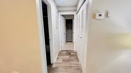 Well-lit hallway with wood-style flooring, leading to bedrooms and bathrooms, with closets for extra storage.