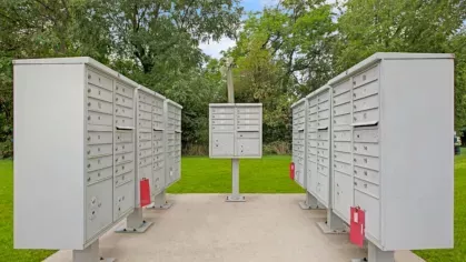 A cluster of white community mailboxes surrounded by greenery.