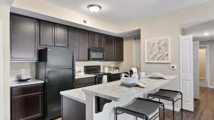 Contemporary kitchen with ample counter space, black appliances, and bar seating, perfect for entertaining at Lawndale Commons Palm Luxury Apartments.