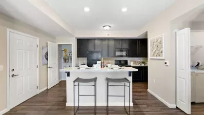 Contemporary kitchen with black cabinetry, a pantry, and barstool seating, seamlessly flowing into the living area.