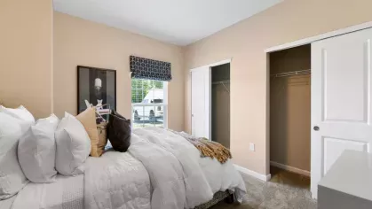 Cozy bedroom with a large bed, modern decor, and dual closets with sliding doors, creating a comfortable living space.