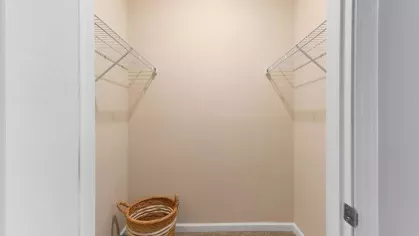 Spacious walk-in closet with built-in wire shelving, neutral walls, and plush carpeting, providing ample storage space.