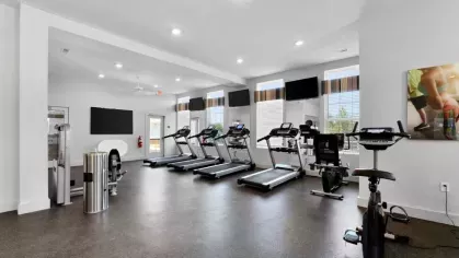 A state-of-the-art gym featuring multiple treadmills, large windows for natural light, and wall-mounted TVs.