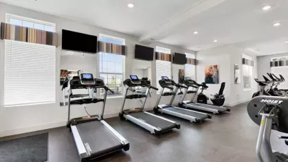 A bright and modern gym with treadmills, a stationary bike, and a strength training machine, perfect for an active lifestyle.