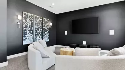 A stylish entertainment space with a wall-mounted TV, abstract artwork, and plush seating for an elevated movie experience.