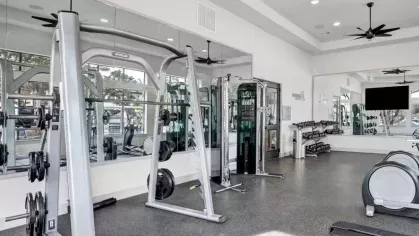 State-of-the-art fitness center with weight training equipment, treadmills, and large mirrors for a spacious and well-equipped workout area.