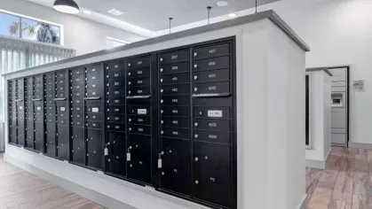 Secure mailroom at Vista At Town Green Luxury Apartments featuring modern black mailboxes and pendant lighting for a sleek, organized space.