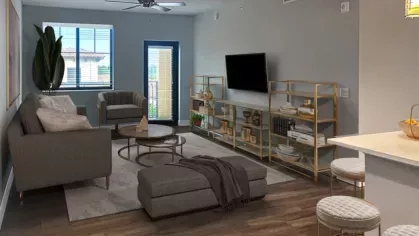 A bright and airy apartment showcasing a refined color palette, contemporary furniture, and a seamless transition between living and dining areas.