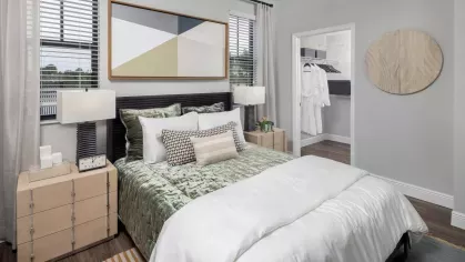 A contemporary bedroom featuring a stylish bed with green velvet bedding, large windows, and an open walk-in closet for added convenience.