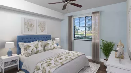 Bright and airy bedroom with a stylish dark wood bed frame, chic patterned bedding, and large windows for natural light. The modern artwork and greenery enhance the tranquil atmosphere.