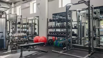 Free weight area with benches, kettlebells, and vibrant fitness equipment.