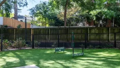 Outdoor dog park with agility equipment and shaded green space.