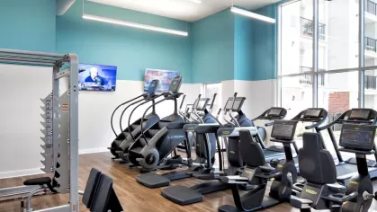 A state-of-the-art fitness center featuring cardio machines, elliptical trainers, and large windows allowing natural light to fill the space.