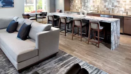 A modern resident lounge with plush seating, a stylish area rug, and a sleek marble-topped bar with pendant lighting, creating a warm and inviting communal space.