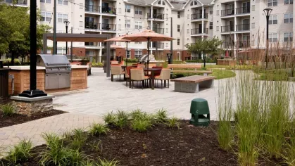 A spacious courtyard featuring grilling stations, shaded seating areas, and lush greenery for an outdoor social experience.