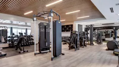 A modern fitness center with sleek black workout machines, free weights, and a mirrored wall beneath a wooden slatted ceiling.
