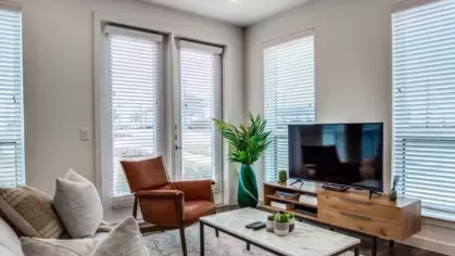 A stylish living room with a TV on a wooden console, large windows, and a mix of modern and rustic decor.