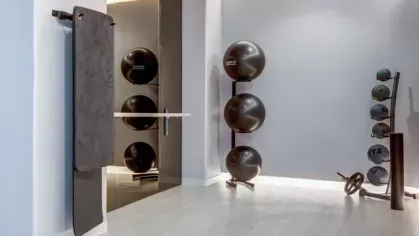 A modern fitness room with medicine balls, wall-mounted equipment, and a minimalist design.