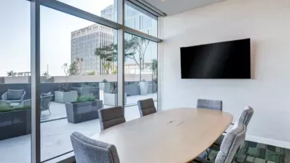 Bright meeting room with a conference table, TV, and views of the outdoor terrace.