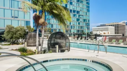 Circular hot tub with metal handrails, a tall palm tree, and wicker cabanas next to a larger pool.