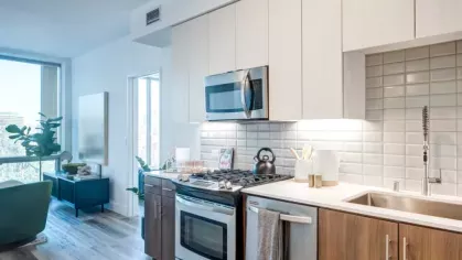 Open kitchen and living space with modern decor, large windows, and natural light.