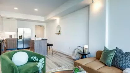 Stylish living room with a green velvet chair, tan sofa, and open layout connecting to the kitchen.