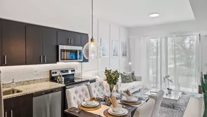 A bright open-concept apartment layout with a well-designed kitchen, a spacious dining area, and a welcoming entryway.
