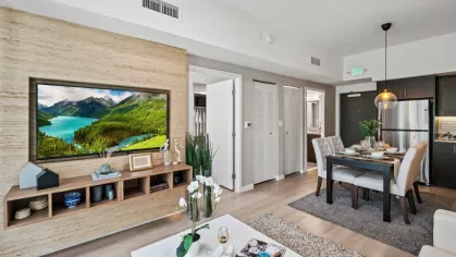 A luxurious Oak Enclave apartment features a contemporary entertainment center, elegant dining area, and an open layout with modern furnishings.