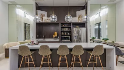 A stylish kitchen featuring a large island, built-in shelving, stainless steel appliances, and glass pendant lights for an upscale look.