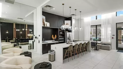 A beautifully designed clubhouse featuring a sleek kitchen with bar seating, pendant lighting, and a mirrored wall for an open and airy ambiance.