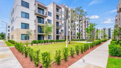 A serene courtyard nestled between modern apartment buildings at Oak Enclave, featuring well-maintained green spaces, walking paths, and stylish landscaping.