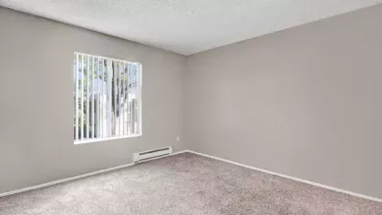 Empty bedroom with beige walls, a large window with vertical blinds, and carpeted flooring.