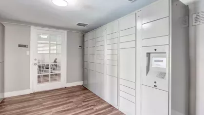 Package locker room with white parcel lockers and wood-look vinyl flooring.