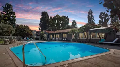 Evening view of the Olive Ridge Apartments pool, surrounded by lush greenery and a serene, well-lit clubhouse.