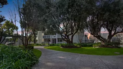 A beautifully landscaped path at Olive Ridge Apartments, surrounded by mature trees and manicured gardens at twilight.