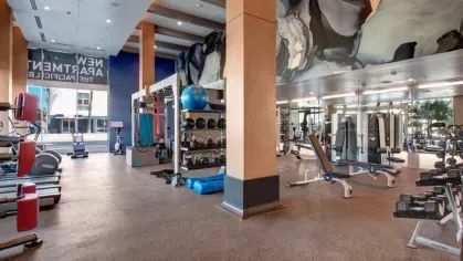 Fully equipped fitness center at The Pacific Luxury Apartments with strength training and cardio equipment.