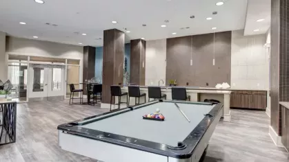 Stylish game room with a pool table and modern bar area for entertaining.