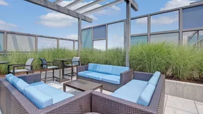 A rooftop seating area featuring blue cushioned wicker furniture surrounded by tall greenery.