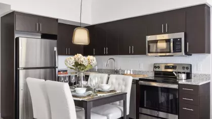 A modern kitchen with dark cabinets, stainless steel appliances, a center island, and an adjacent open living space filled with natural light.