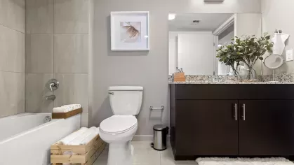 A bright bathroom with a contemporary tub-shower setup, wooden accents for towel storage, and sleek cabinetry, offering a spa-like experience.