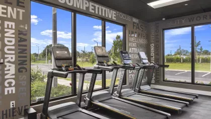 A row of advanced treadmills in the fitness center, placed near floor-to-ceiling windows that offer scenic outdoor views.
