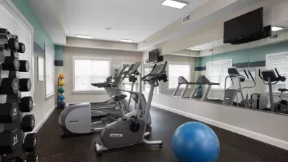 A bright exercise room at Oak Enclave Luxury Apartments, complete with treadmills, ellipticals, and a mirrored wall to enhance workout routines.