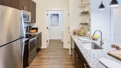 Sleek galley-style kitchen with stainless steel appliances, granite countertops, and thoughtful storage solutions, perfect for modern living.