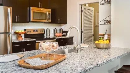 Modern kitchen with dark cabinetry, stainless steel appliances, and a granite countertop island with stylish pendant lighting.