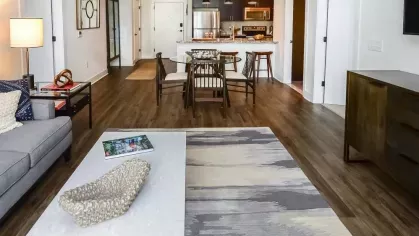 Open living space showcasing a blend of modern and cozy design, with a stylish dining area and a well-equipped kitchen in the background.