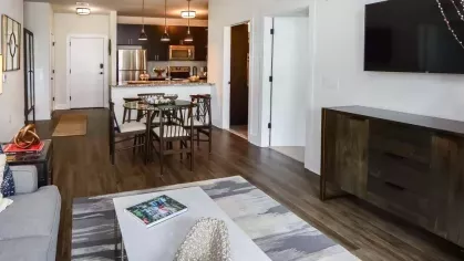 Open floor plan with a spacious living and dining area, modern kitchen, and stylish furnishings for a warm and inviting atmosphere.