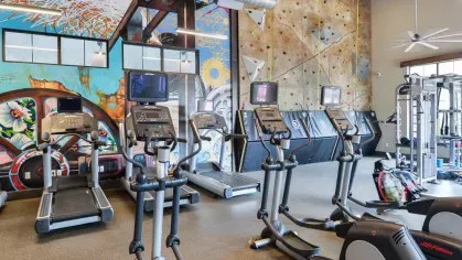 "Modern fitness center at Riverworks Luxury Apartments with treadmills, ellipticals, and vibrant wall art alongside a rock climbing wall."