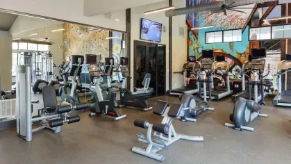 "Fully equipped gym at Riverworks Luxury Apartments with weight training machines, cardio equipment, and colorful murals for an inspiring workout environment."