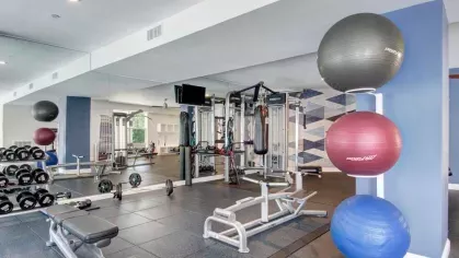 A secondary angle of the fitness center showing stability balls, free weights, and modern gym equipment.